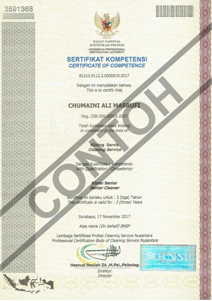 Contoh Sertifikat Cleaning Service BNSP