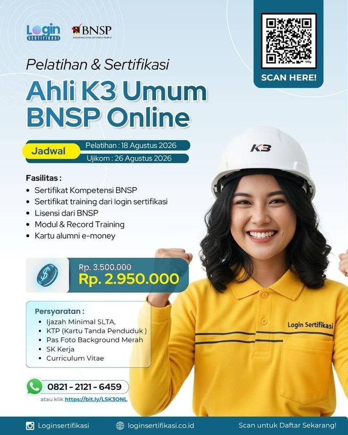 Sertifikasi BNSP Ahli K3 Umum Agustus 2026