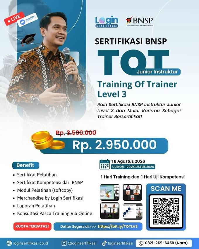 Sertifikasi BNSP TOT Level 3 Agustus 2026